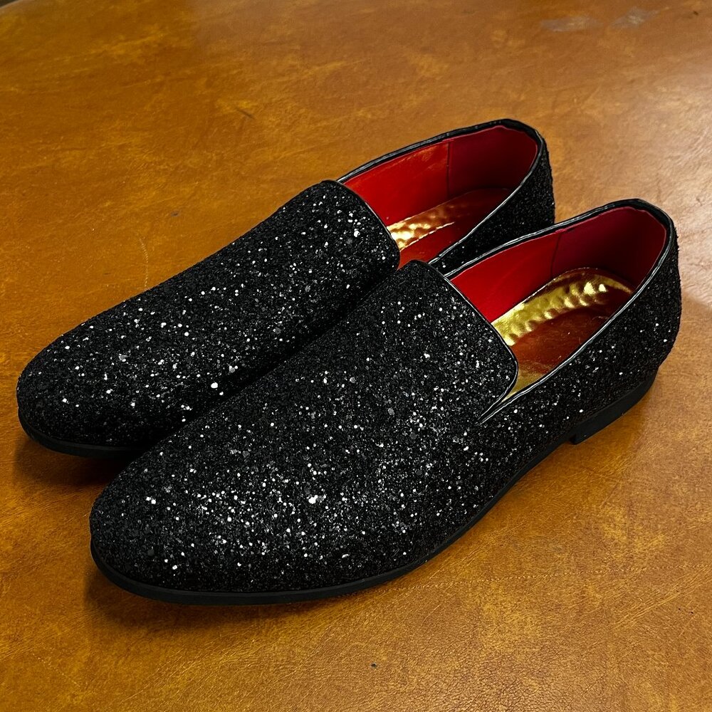Santimon Men's US 6.5 - 12.5 Black Glitter Slip-On Loafers Sequin Dress Shoes
